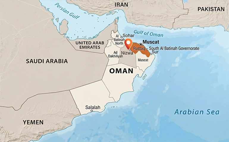 جنوب باطنه (رستاق) در نقشه کشور عمان